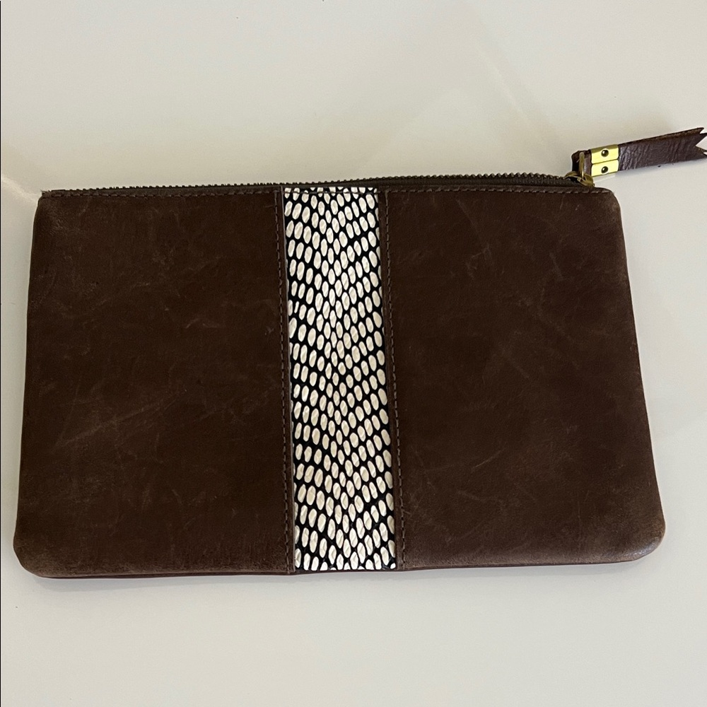 Madewell Brown Leather Clutch with Black & White Snake-Print Stripe